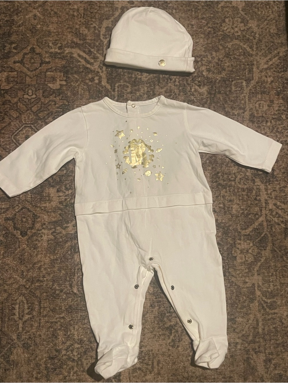 Roberto Cavalli White Baby Footie with Gold Crest Detail and Hat